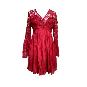 J GEE Boho Red Wine Floral Lace Gauze Bell Sleeves